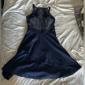 Navy and silver sparkly dress. Halter Top with flowy bottom